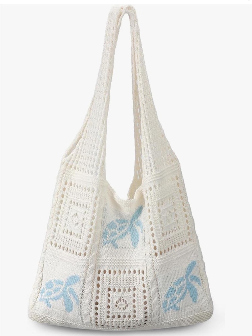 Cream Crochet Shoulder Tote with Light Blue Turtle Motif